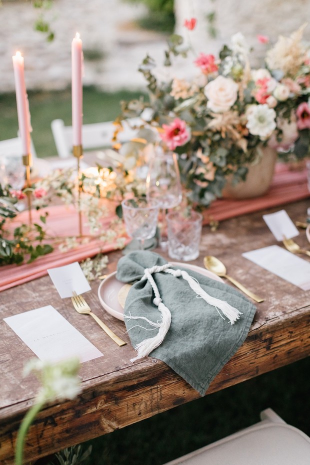 pink and gold rustic chic wedding table decor