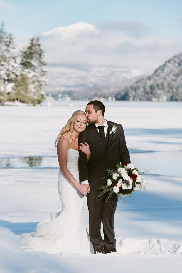 sunny and snowy winter wedding couple at Lake Placid