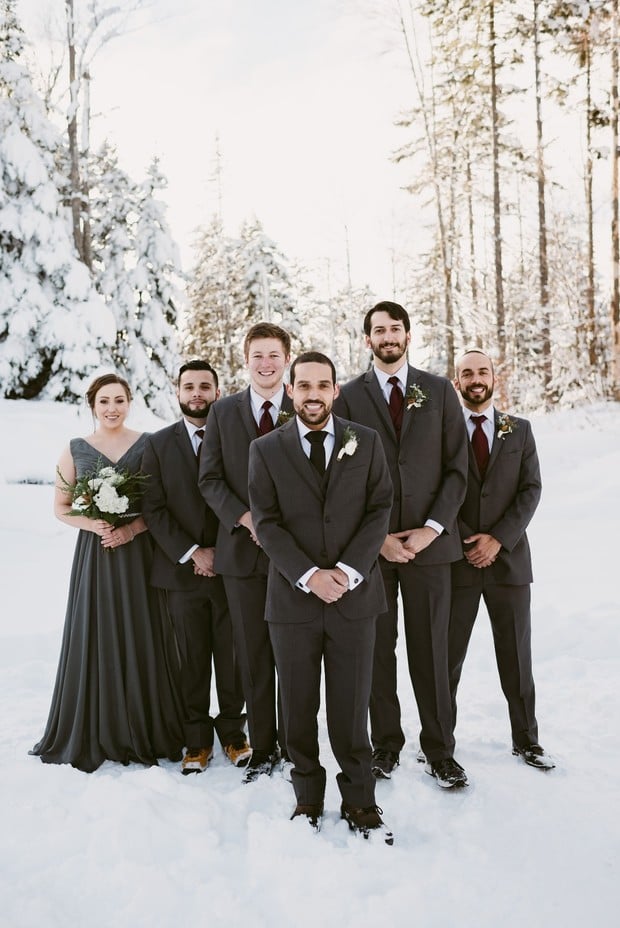winter groomsmen and woman in grey