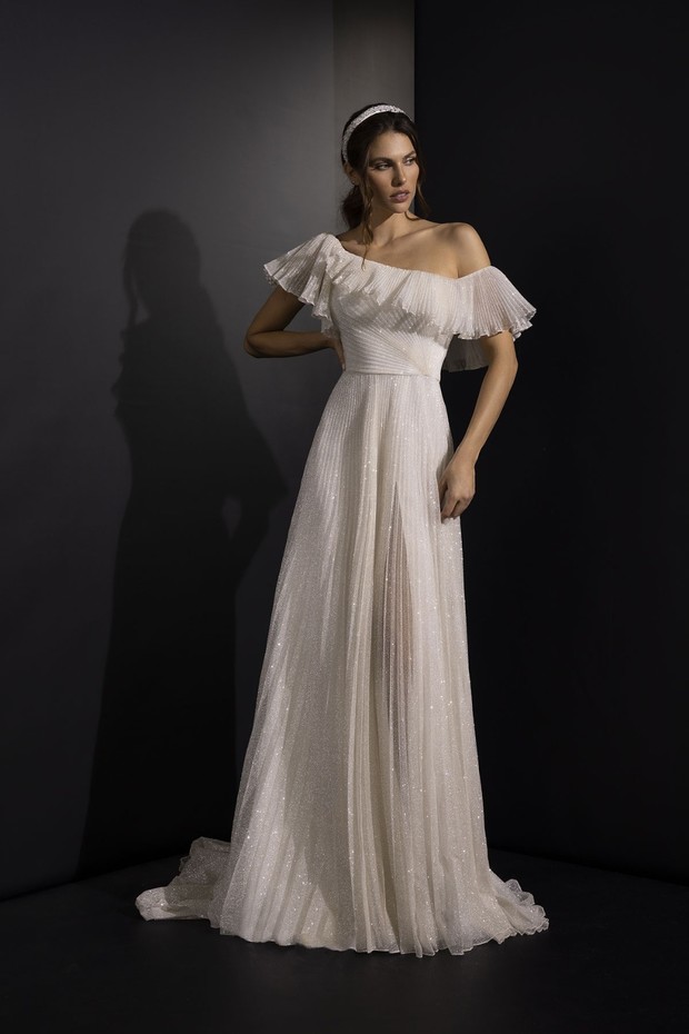 Elegant bride in an off-the-shoulder wedding dress
