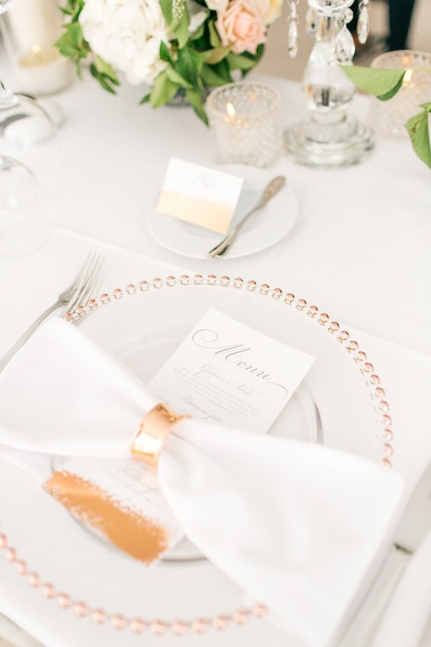 romantic and modern gold and white wedding place setting