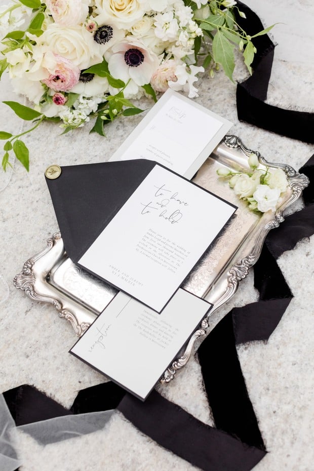 black and white wedding invitation suite