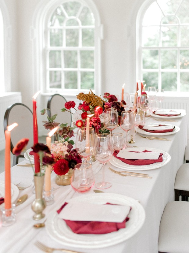 Red and white wedding reception table
