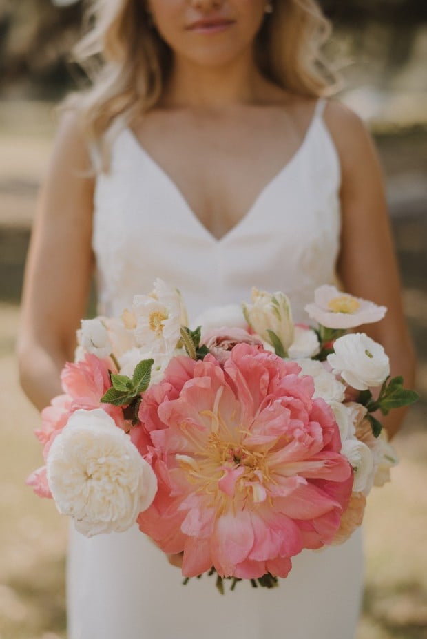 giant coral peony and white garden rose bridal bouquet