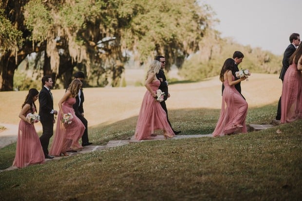 coral pink wedding party recessional
