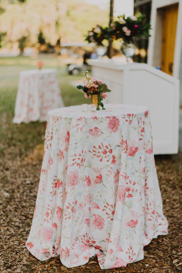 white and pink floral print cocktail table linens