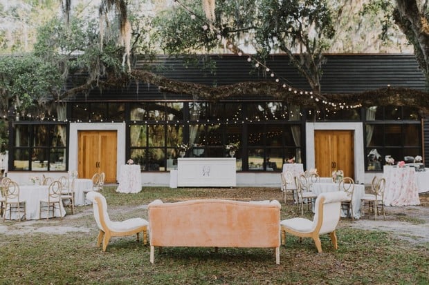 romantic blush and white outdoor wedding reception in South Carolina