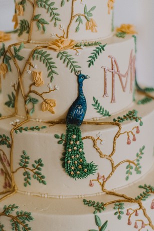monogrammed peacock wedding cake