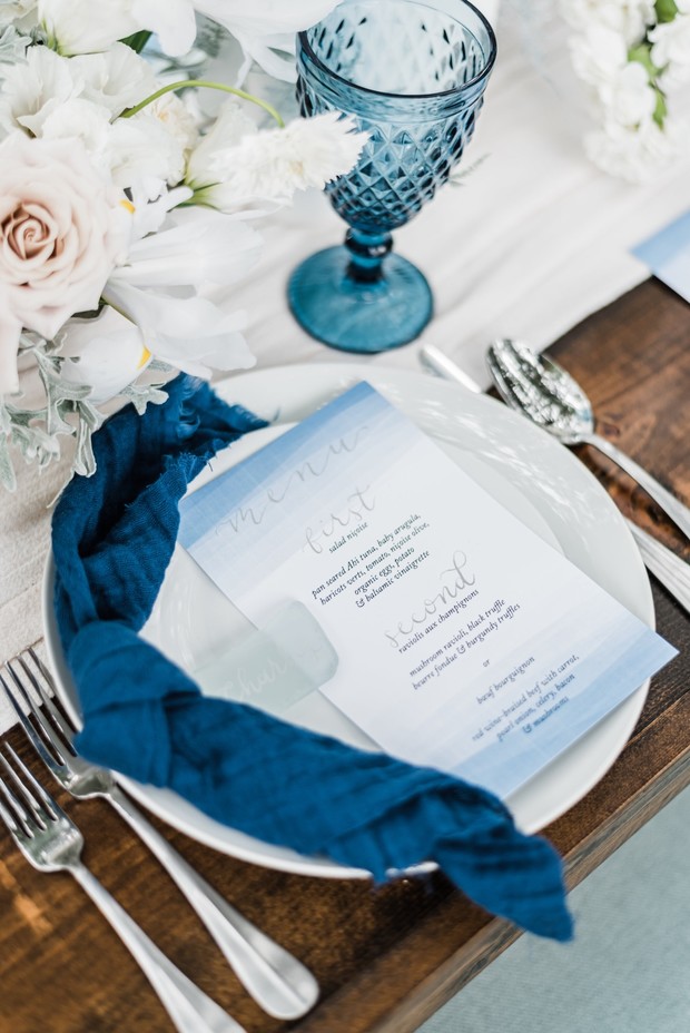 blue watercolor wedding menu