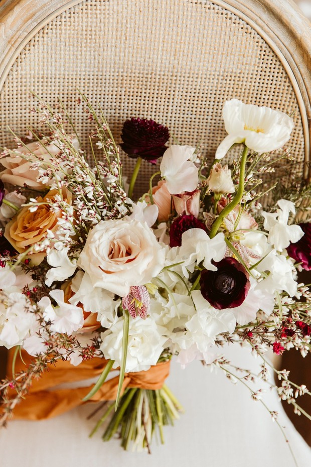 white blush ivory and merlot wedding bouquet