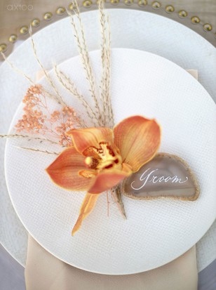 orchid and geode place setting decor
