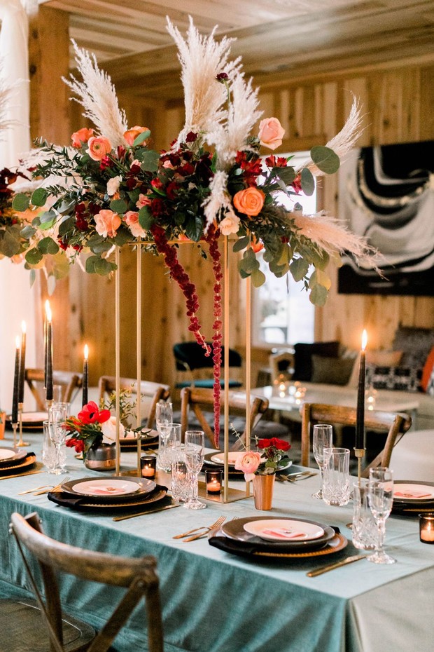 gold and teal boho rustic chic wedding table decor