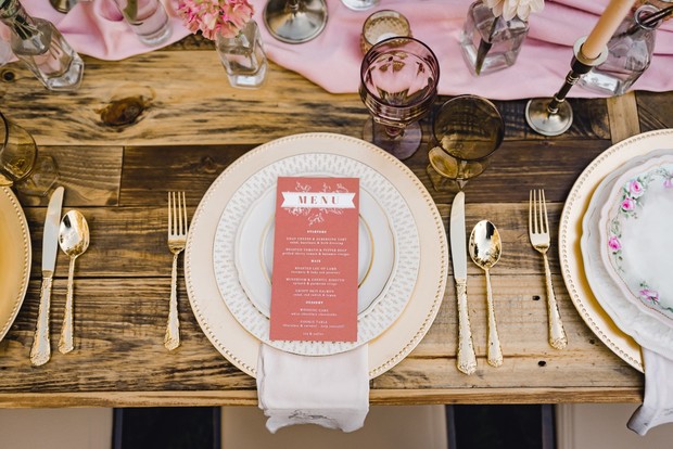 rustic chic table setting in coral and gold