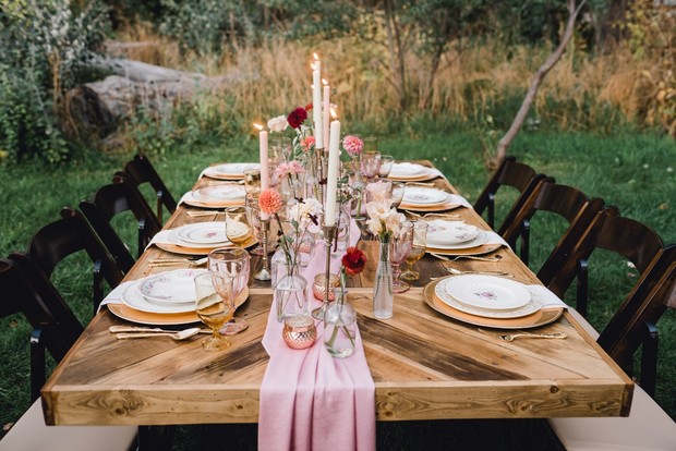 rustic chic gold and pink reception table decor