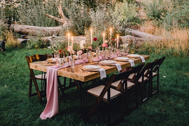 soft pink and gold candle lit wedding table decor for Fall