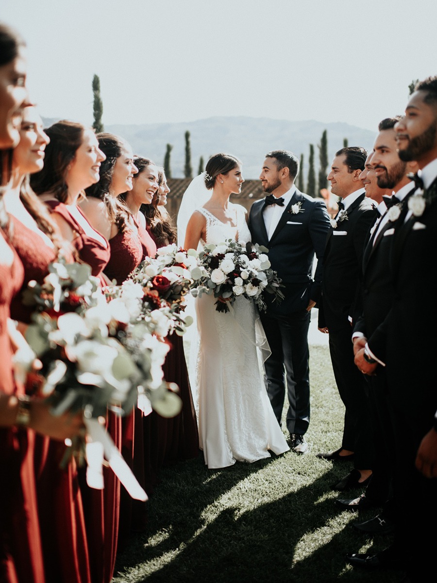 Burgundy And White Tuscan Style Vineyard Wedding