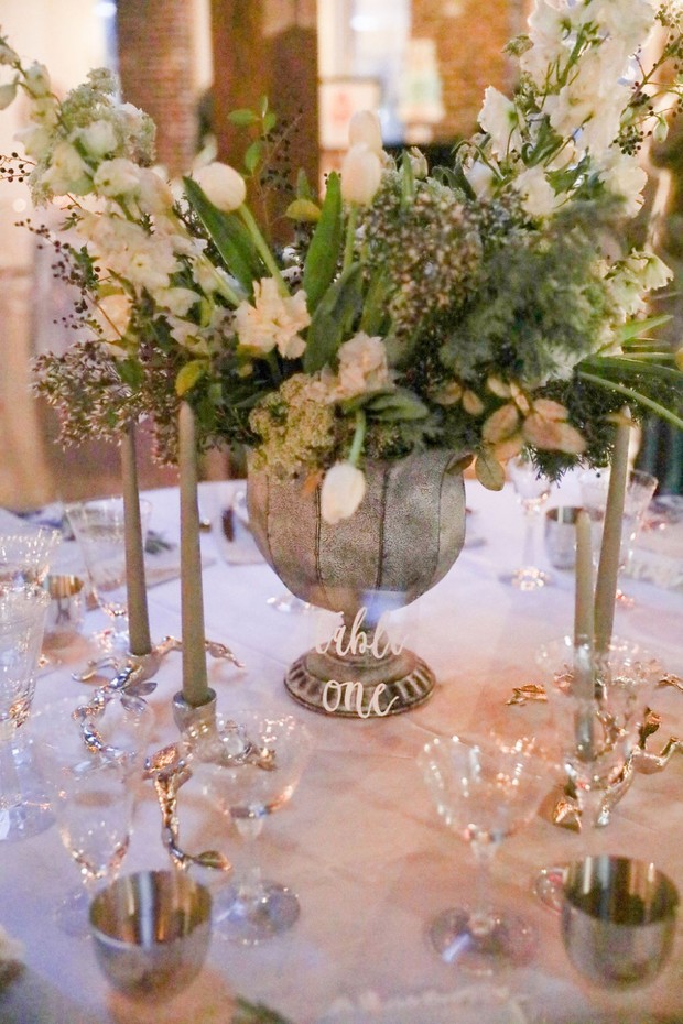 white and grey floral centerpiece