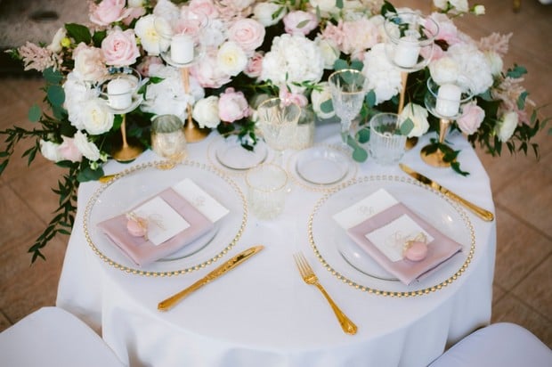 gold and pink wedding sweetheart table