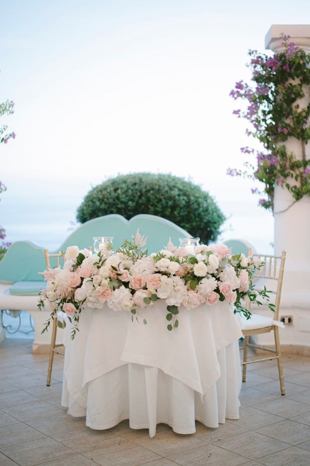 pink and white wedding sweetheart table