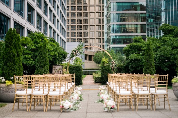 gold and white rooftop wedding ceremony
