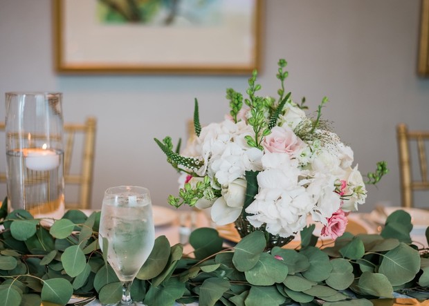 white and pink and eucalyptus floral decor