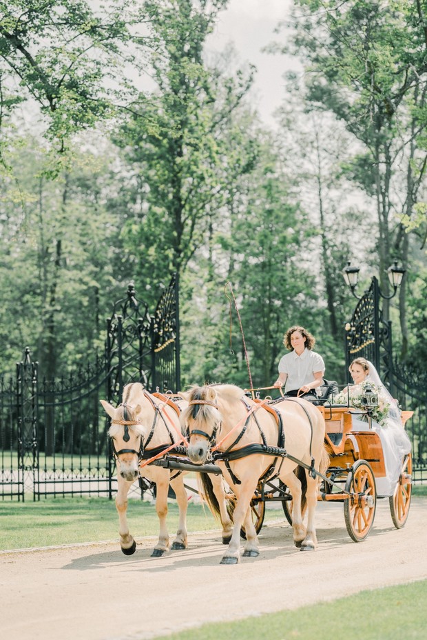 here comes the bride in a horse drawn carriage