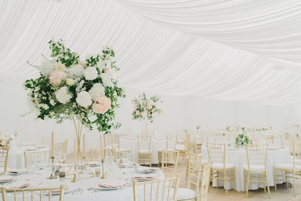 glam white gold and blush tented wedding reception