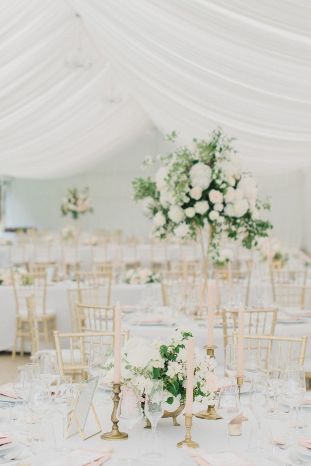 gold blush and white chic tented wedding reception