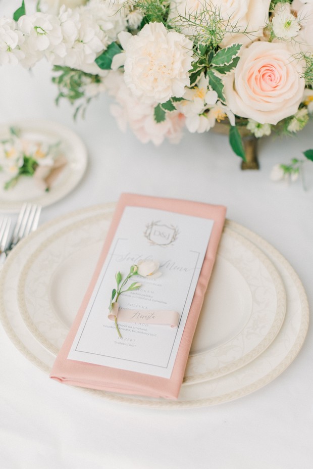 blush and white romantic spring wedding place setting