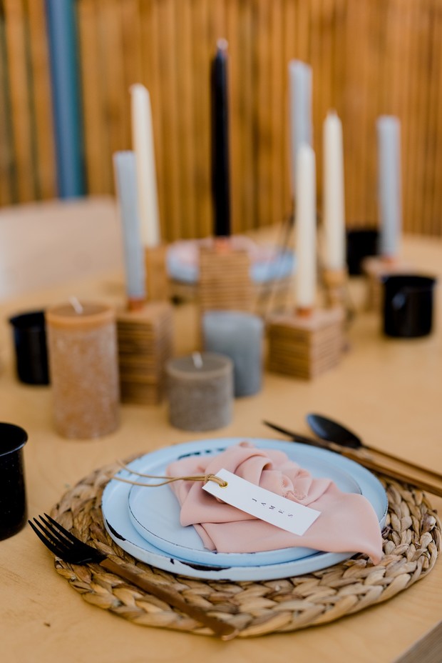 soft blue and pink rustic modern and minimalist place setting