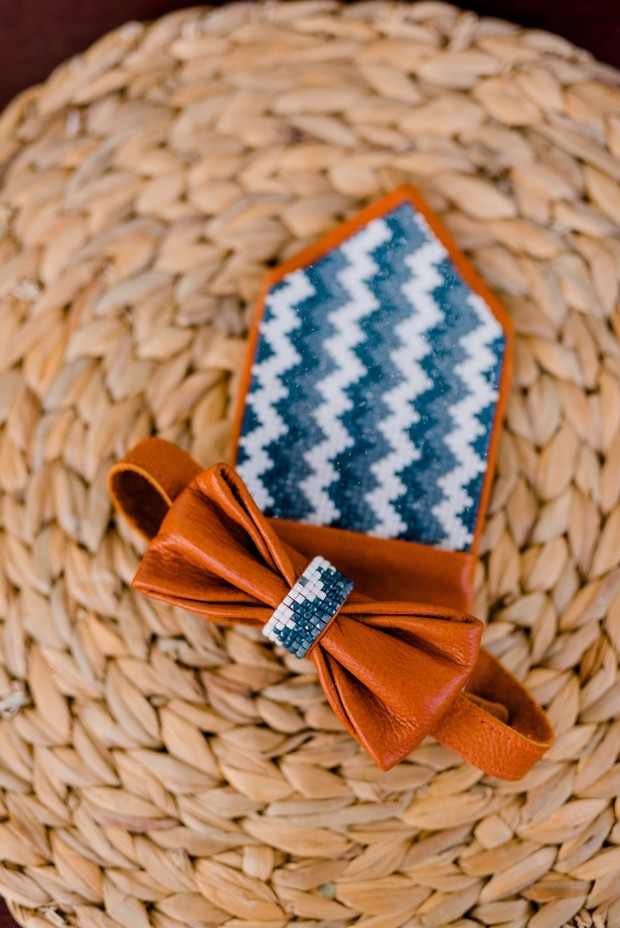 beaded leather pocket square and bow tie