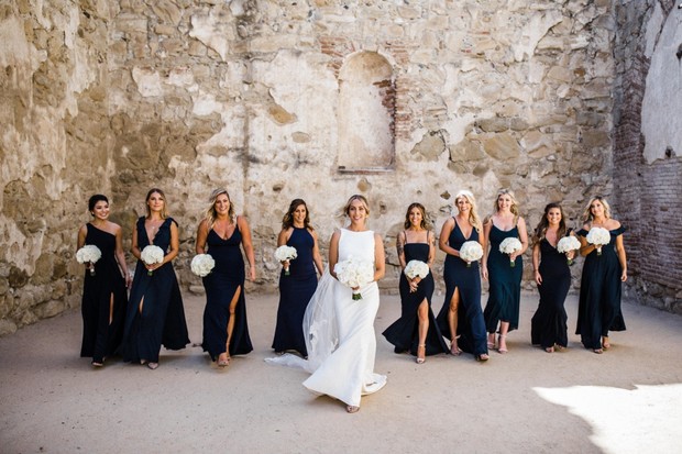 bridal party in navy dresses