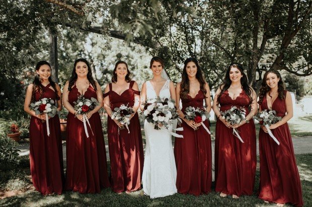 bridesmaids in deep red dresses
