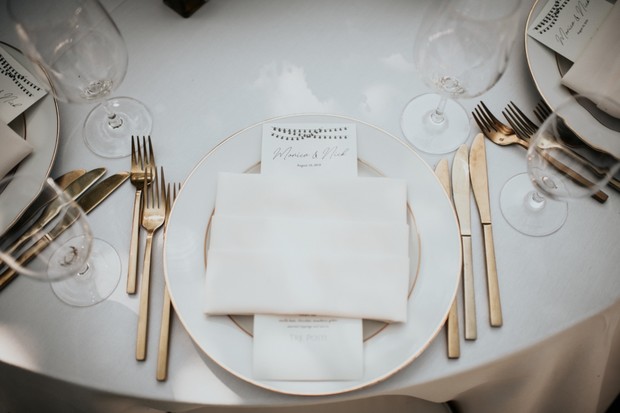 white and gold wedding place setting