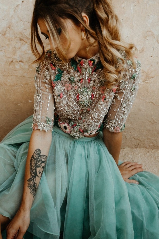 teal tiered wedding skirt with beaded crop top