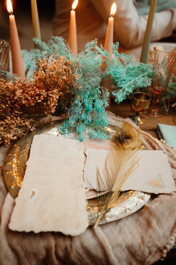 gold blush and teal wedding table decor
