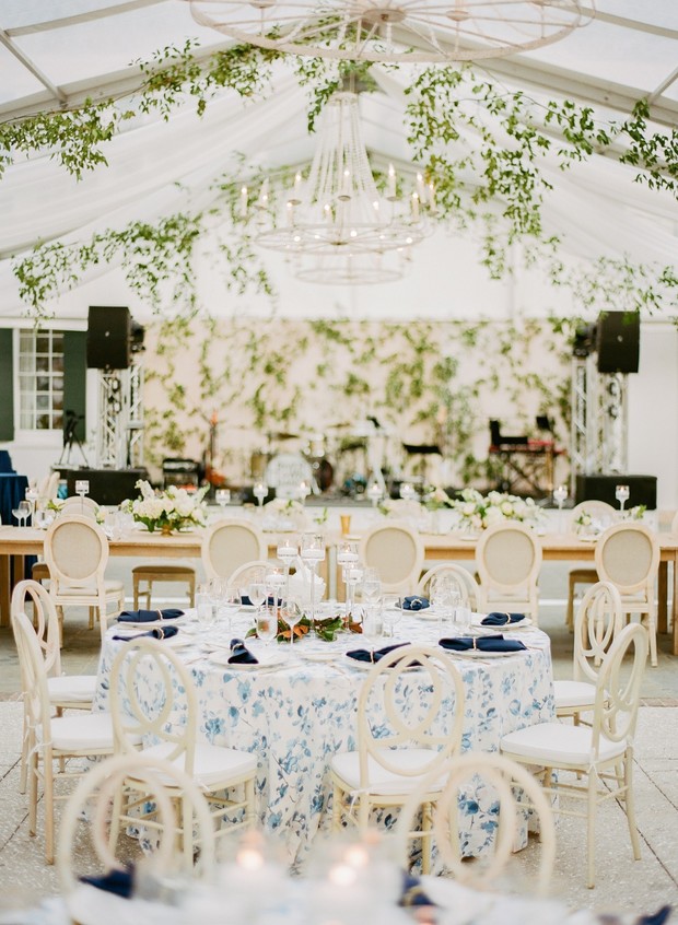 blue and white wedding reception
