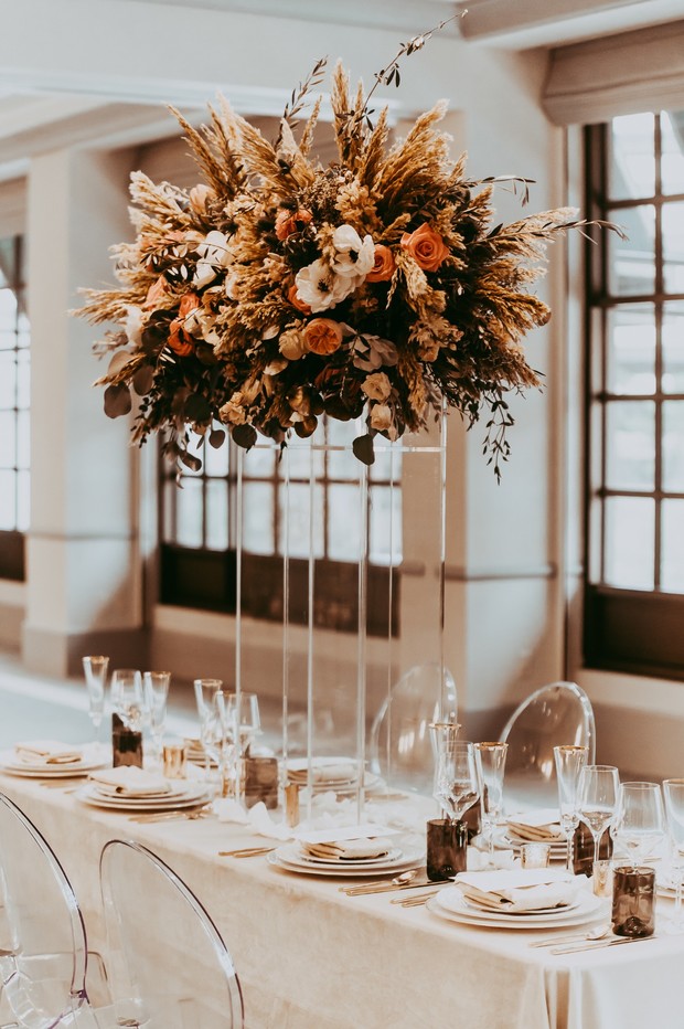 glam dramatic dried and live floral centerpiece