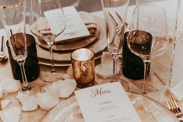 glam and romantic gold wedding table decor
