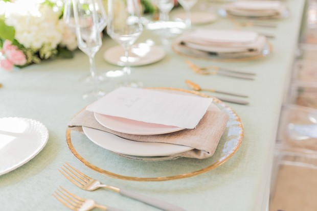 gold and pastel pink and green wedding place setting