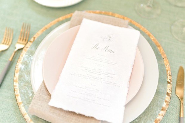 blush soft green and gold place setting
