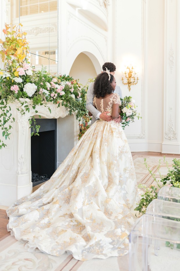 elegant gold and white wedding dress from Weddings by Debbie