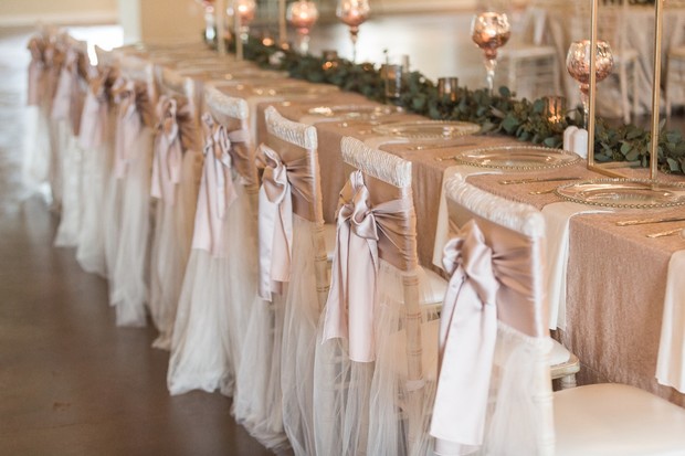 wedding party table in blush and champagne