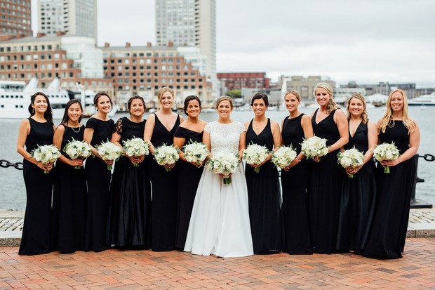 bridesmaids in mismatched black dresses