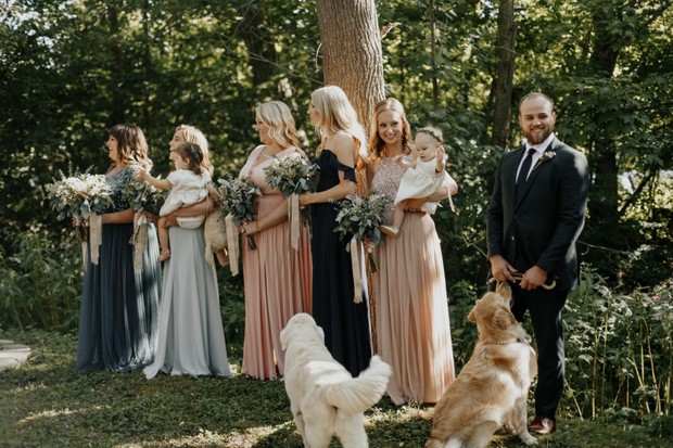 bridesmaids and wedding dogs