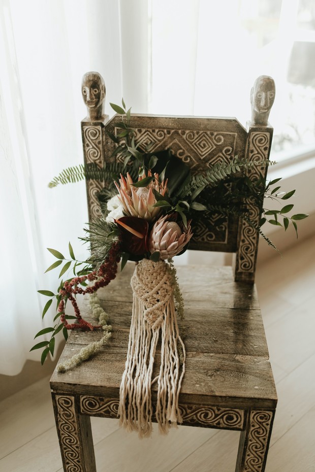 tropical wedding  bouquet with macrame wrap