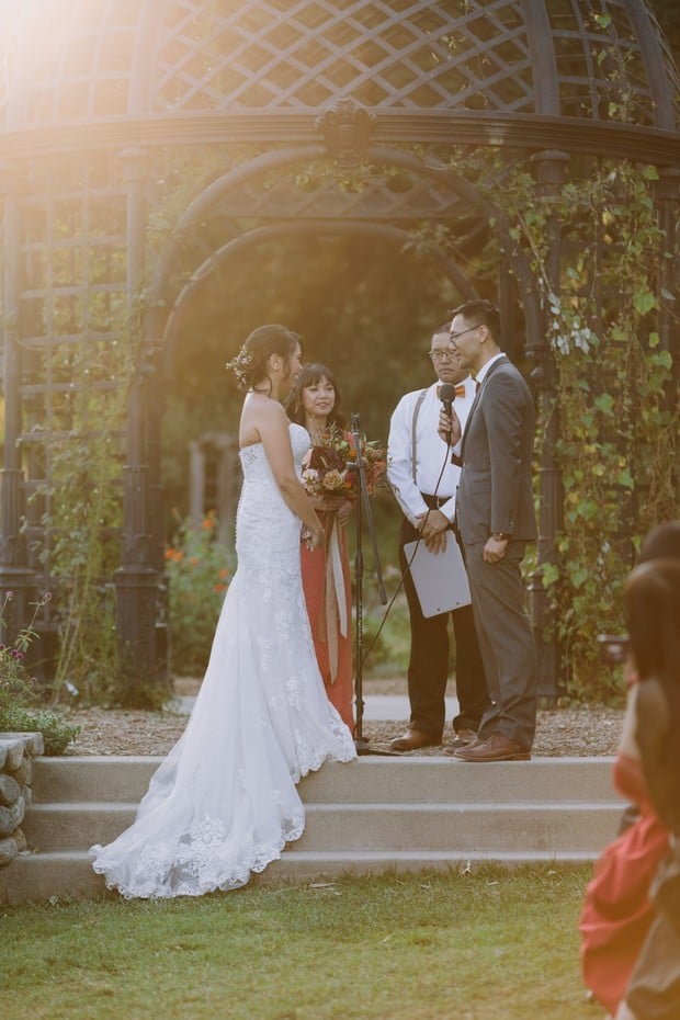 wedding ceremony at sunset in a gorgeous garden