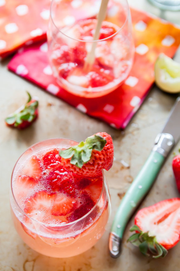 strawberry rose gin fizz cocktail