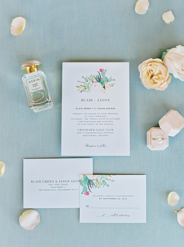 wedding invitation with flowers and cactus