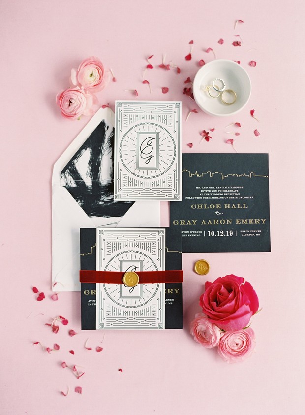 Wedding stationery suite with art deco design and flowers